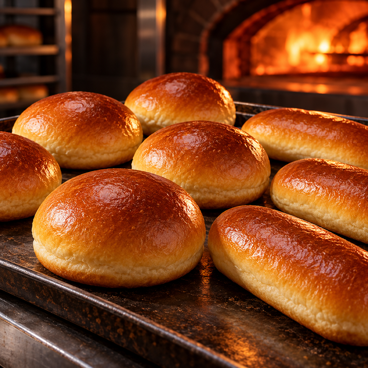 Pães de brioche e hot dog dourados, recém-saídos do forno